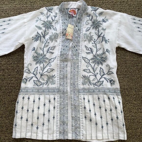 JOHNNY WAS Maike Embroidered Linen Kimono Sz SMALL Blue White Pockets New W/Tags - Picture 7 of 7